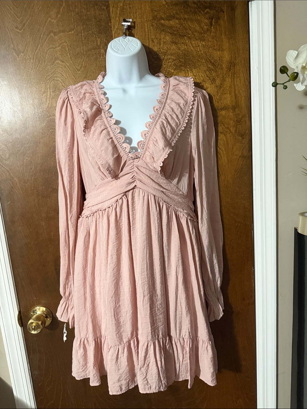 Women's Long Sleeve Pink V-Neck Empire Waist Dress with Lace Trim